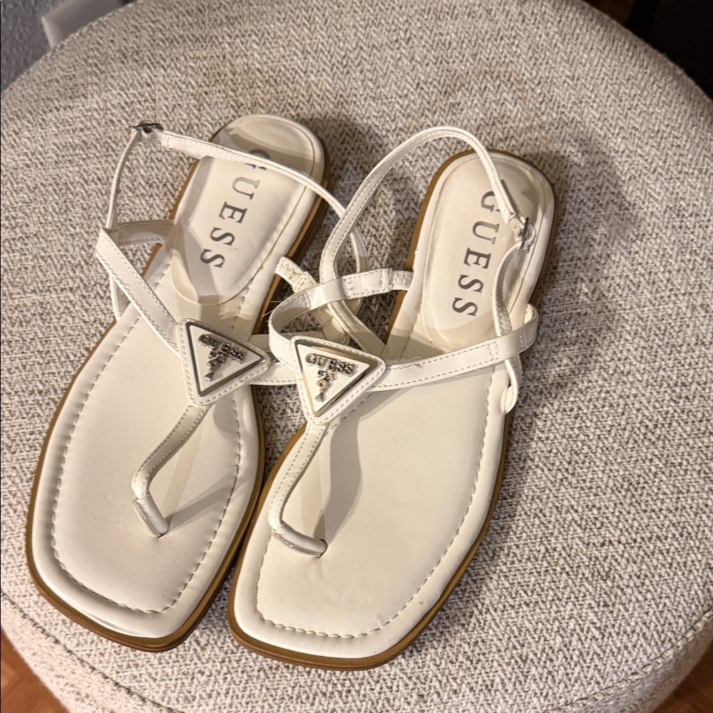 GUESS White T-Strap Logo Sandals - Women's